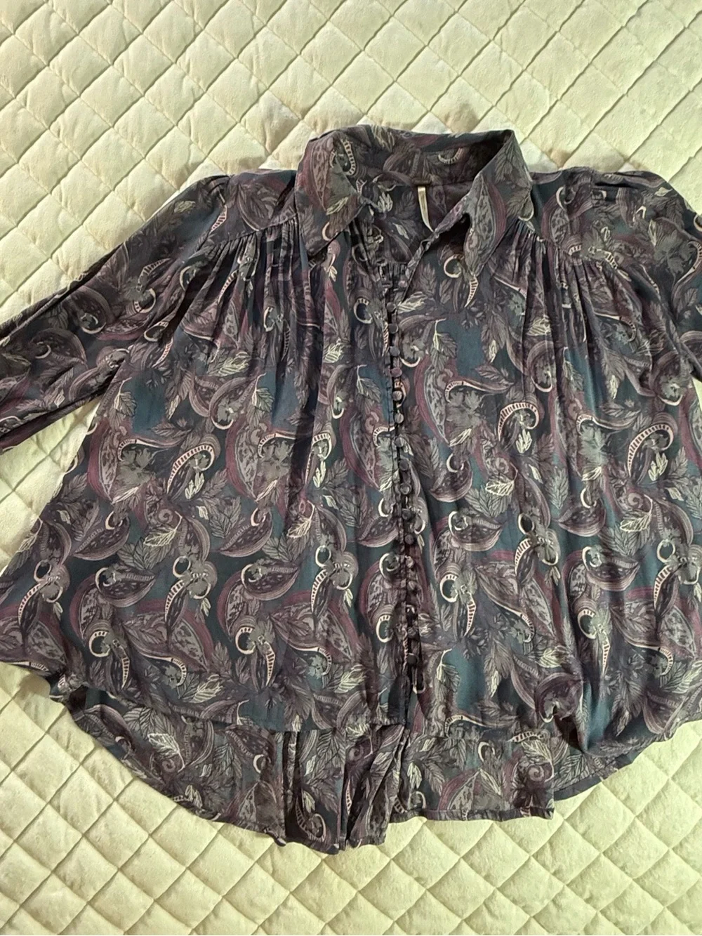 Free People Purple Paisley Boho Blouse Flared Sleeve Button Front Extra Small XS
